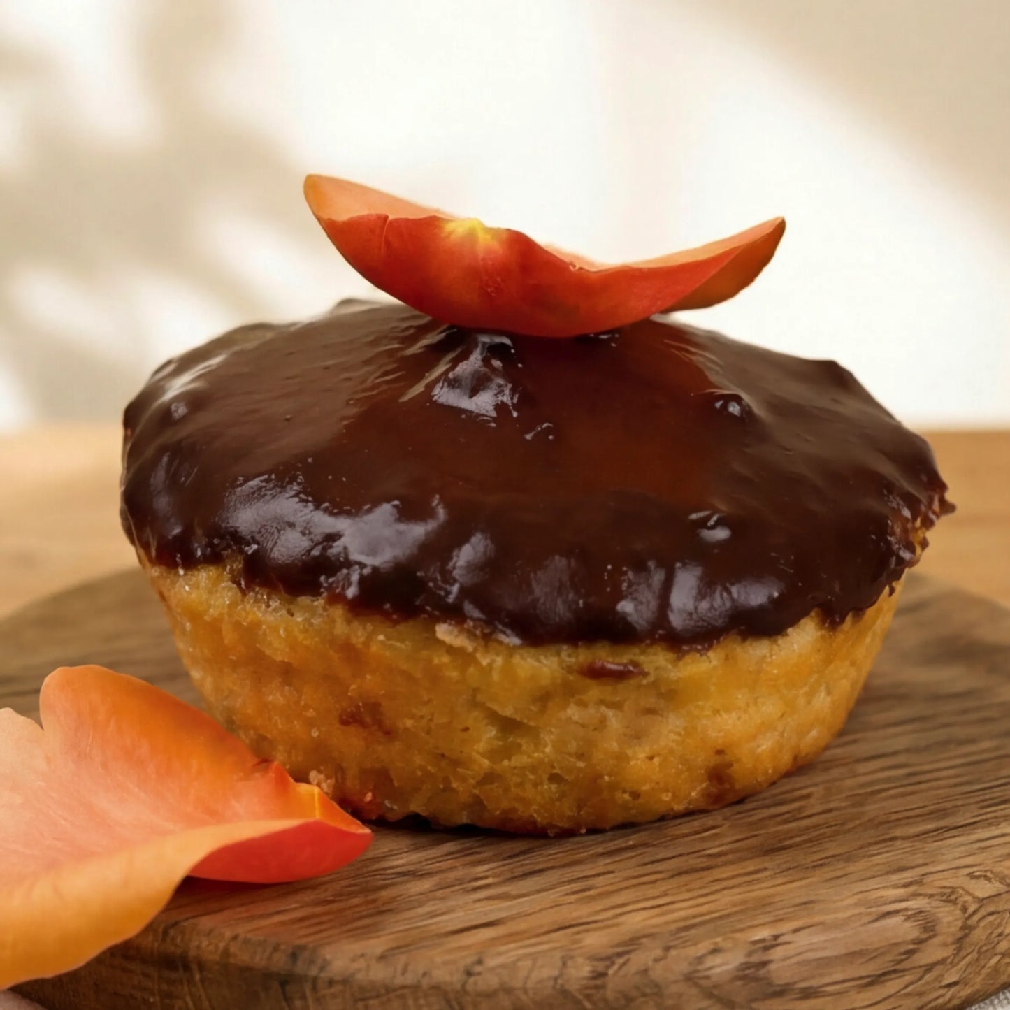 Side view of GF chocolate orange cake showing citrus crumb and dark glaze, by Flower Guy