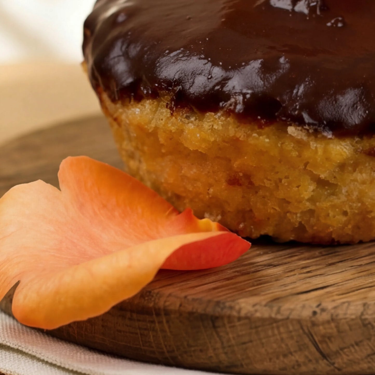 Macro of orange-flecked crumb on gluten-free chocolate orange cake, hand-made in Cape Town