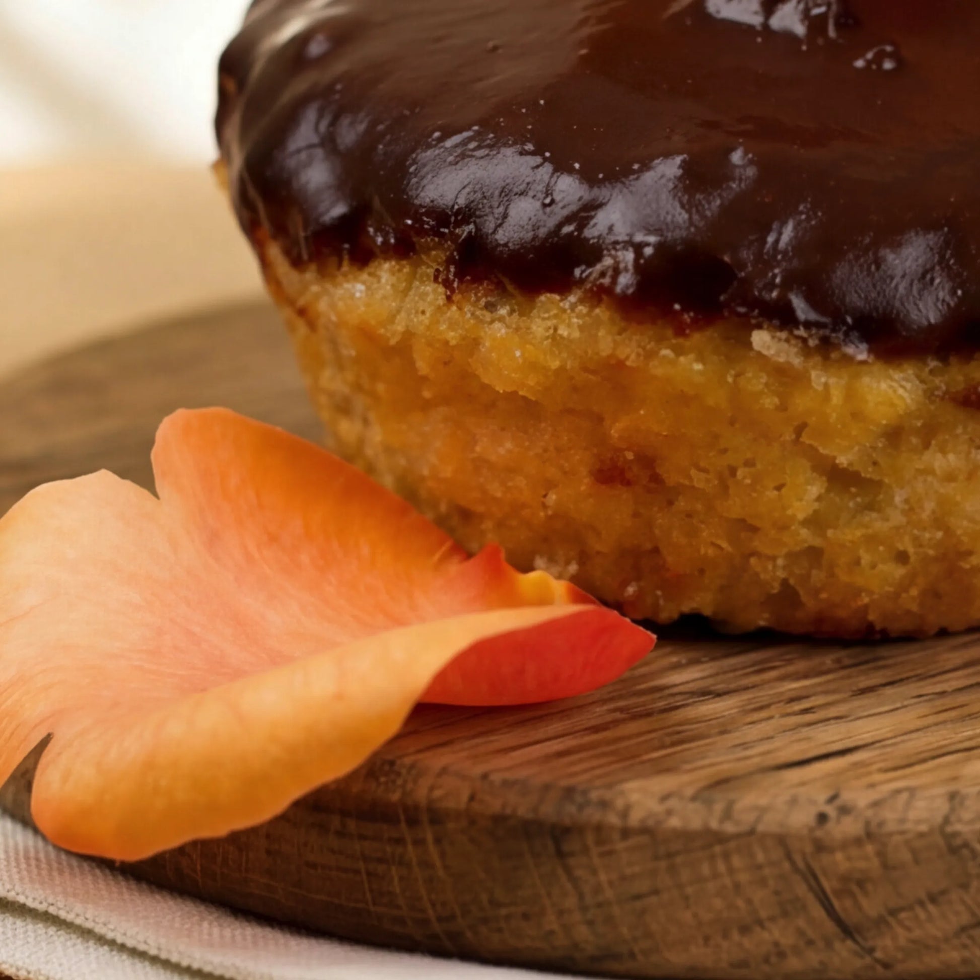 Macro of orange-flecked crumb on gluten-free chocolate orange cake, hand-made in Cape Town
