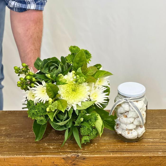 Close-up of White Chrysanthemum in Charm Bouquet with jar of meringues - Flower Guy