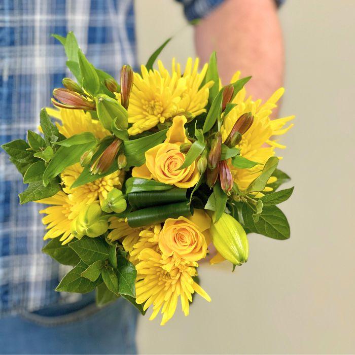 Yellow and Green City Bowl Bloom Bouquet with Roses and Lilies - Flower Guy
