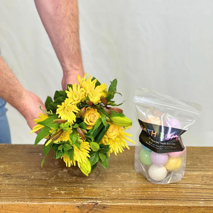 Yellow Flower Bouquet with Box of 12 Assorted Lush Bath Bombs by Flower Guy