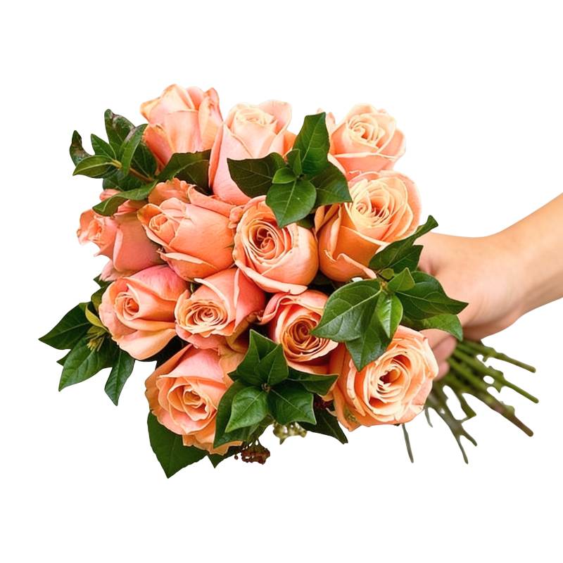 Coral Charm Rose Bouquet—hand holding 12 coral peach roses with greenery, hand-tied and gift-ready | Flower Guy