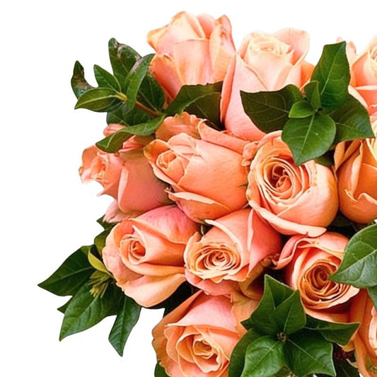 Coral Charm Rose Bouquet close-up—coral peach roses with lush greens in a full, wrapped bouquet | Flower Guy