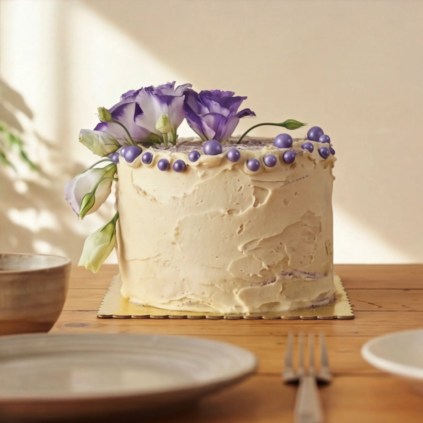 Creamy Violet Dream Cake styled on a bridal shower tea table by Flower Guy Cape Town
