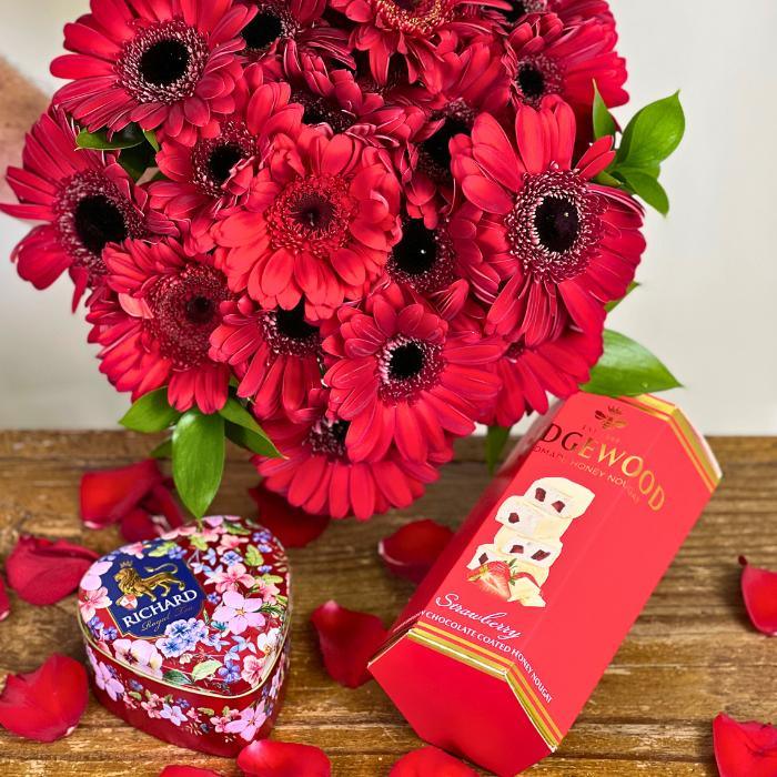 Richard Royal Heart Tin Loose Leaf Tea, Wedgewood Handmade Honey Nougat Gift box paired with Crimson Kiss Bouquet - Flower Guy