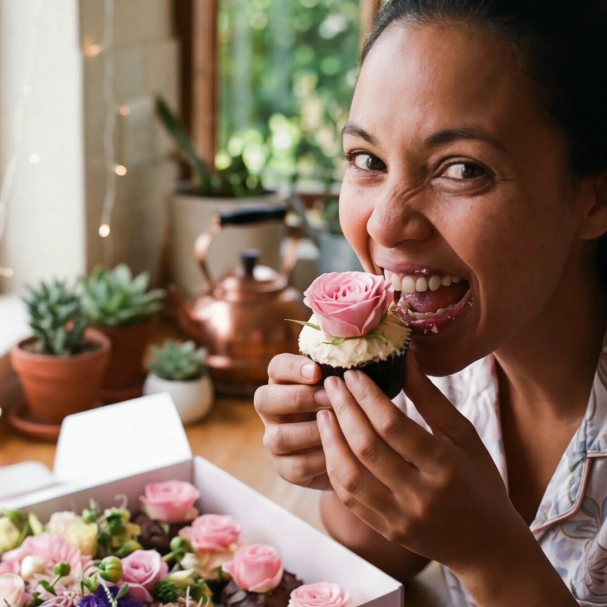 Recipient eating a vanilla cupcake topped with fresh pink rose from Flower Guy Cupcake Bloom Box