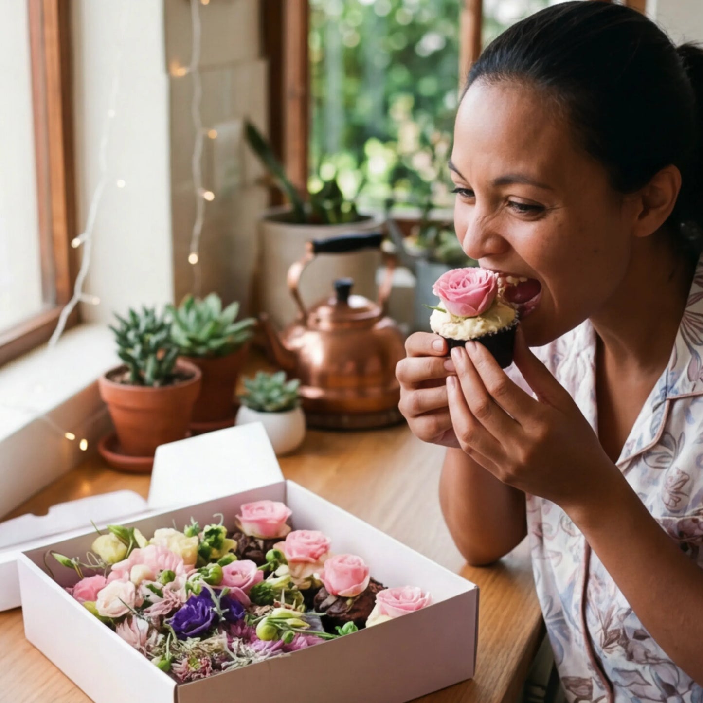 Cupcake Bloom Box lifestyle scene with rose-topped cupcake and floral display by Flower Guy Cape Town