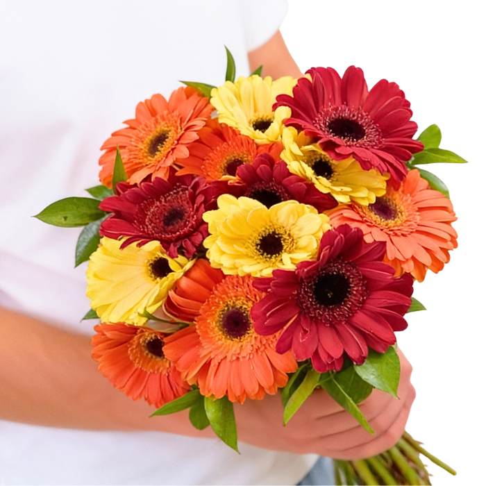 Daisy Delight Flower Bouquet—hand holding red, orange and yellow gerbera daisies with greenery, gift-ready wrap | Flower Guy