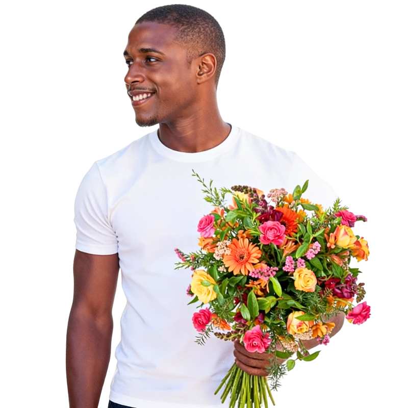 Day-Maker Blooms bouquet—person holding a vibrant mixed flower arrangement with greenery, gift-ready wrap | Flower Guy