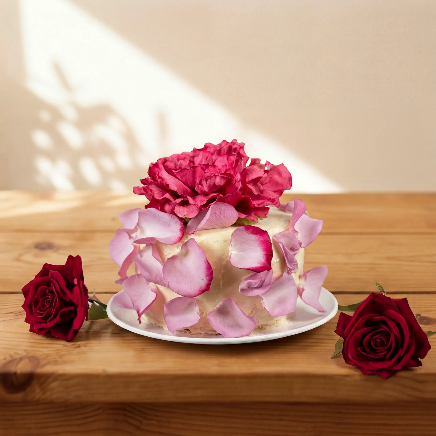 Elegance Rouge Cake with fuchsia peony and pink rose petals on white plate by Flower Guy Cape Town