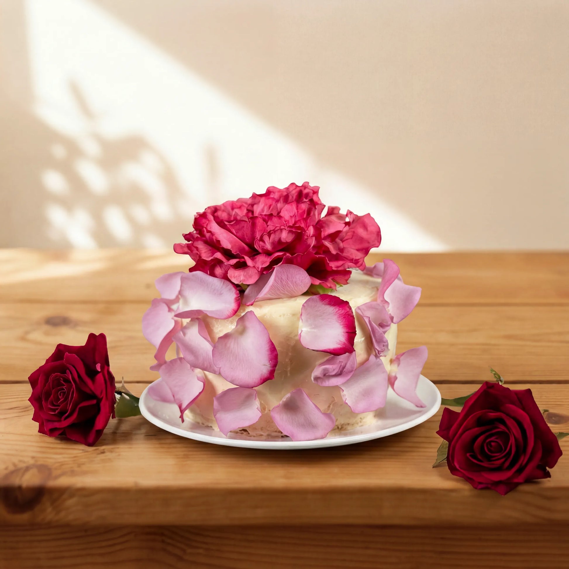 Elegance Rouge Cake with fuchsia peony and pink rose petals on white plate by Flower Guy Cape Town