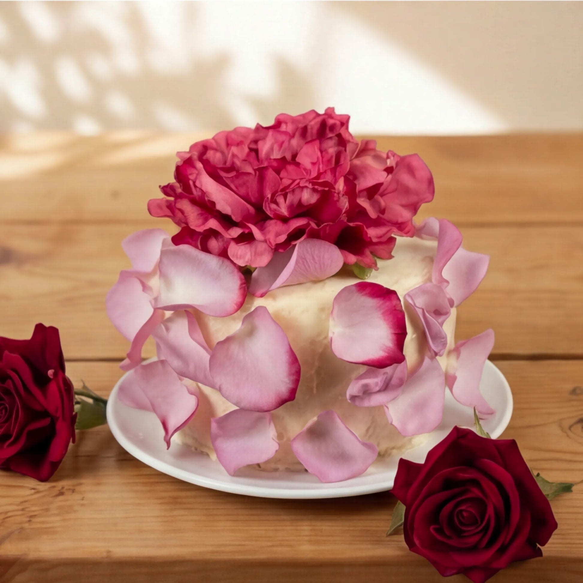 Side view of Elegance Rouge Cake with petal-clad sides and red roses, hand-made by Flower Guy Cape Town
