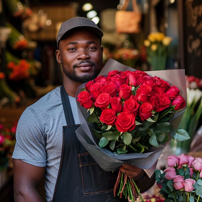 Fifty Red! Bouquet with Luxurious Red Roses and Elegant Greenery held by flower delivery man wearing a cap by Flower Guy.