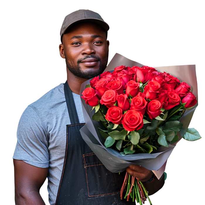 Fifty Red! bouquet—man holding 50 red roses, hand-tied and wrapped for delivery | Flower Guy