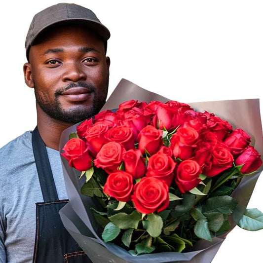 Fifty Red! bouquet close-up—50 red roses in a rounded hand-tied arrangement, ready to gift | Flower Guy