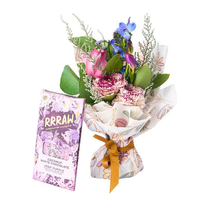 Floral Fantasy Posy—mixed fresh blooms with vegan chocolate bar, gift-wrapped with ribbon and greenery | Flower Guy