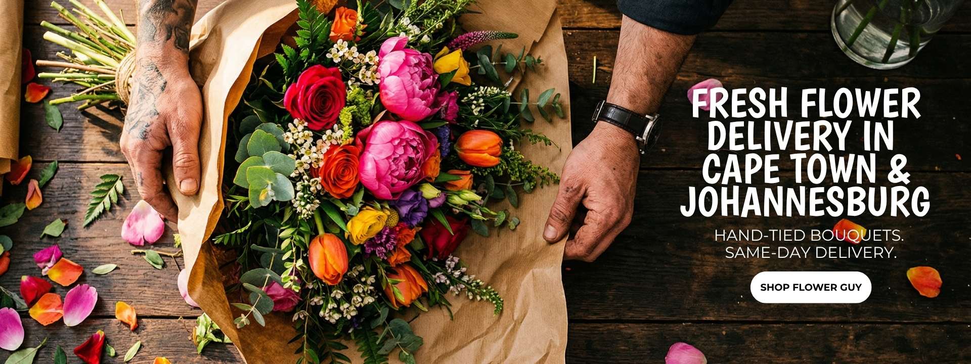 Floral arrangement on a wooden surface with text about flower delivery services.