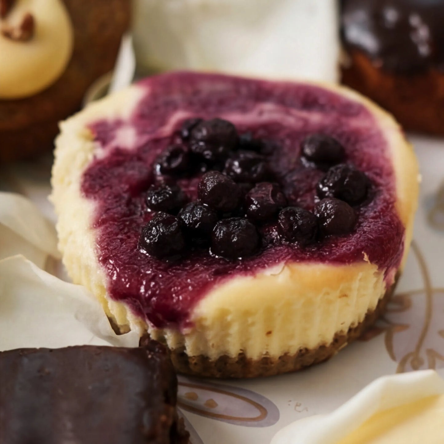 Macro of blueberry cheesecake with compote crown in From Me With Butter dessert box by Flower Guy