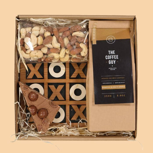 Coffee Lover's Snack Box filled with chocolate fudge, a game, mixed nuts and coffee - Flower Guy