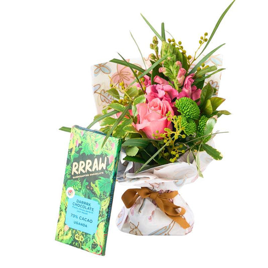 Garden Garland Posy—hand-tied seasonal blooms with pink flowers and greenery, wrapped and gift-ready | Flower Guy