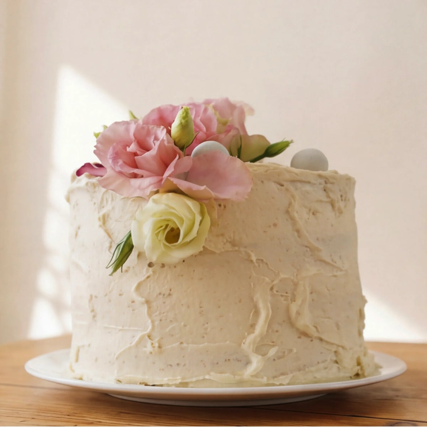 Hand-iced vanilla buttercream tea party cake with pink and cream lisianthus and edible chocolate pearls