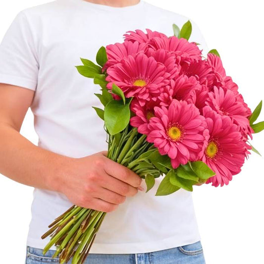 Gerbera Glee Flower Bouquet—person holding 20 bright pink gerberas with greenery, hand-tied bunch | Flower Guy