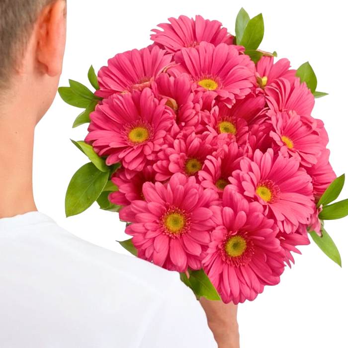 Gerbera Glee Flower Bouquet close-up—pink gerberas in a full, gift-ready bouquet with fresh greenery | Flower Guy
