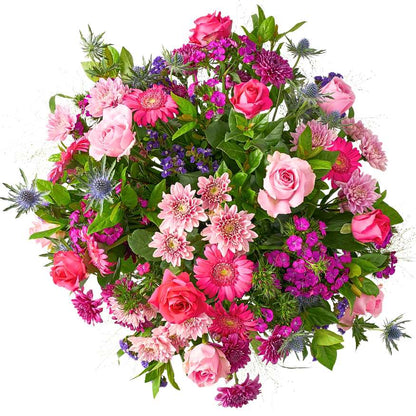 Hot Pink Therapy bouquet close-up—vibrant pink roses, gerberas and purple statice | Flower Guy