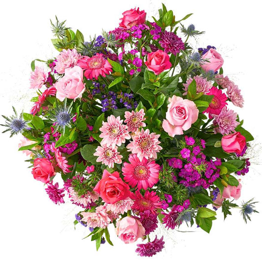 Hot Pink Therapy bouquet close-up—vibrant pink roses, gerberas and purple statice | Flower Guy