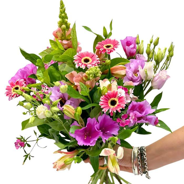 Believe in You Bouquet—pink and purple blooms with mini gerberas and snapdragons, hand-tied and wrapped | Flower Guy