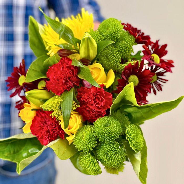 Lions Head Lush Bouquet With Red Carnations and Yellow Roses - Flower Guy