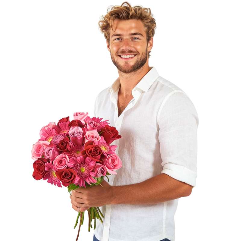 Love Actually bouquet—man holding romantic rose mix in red, magenta and pink with greenery | Flower Guy
