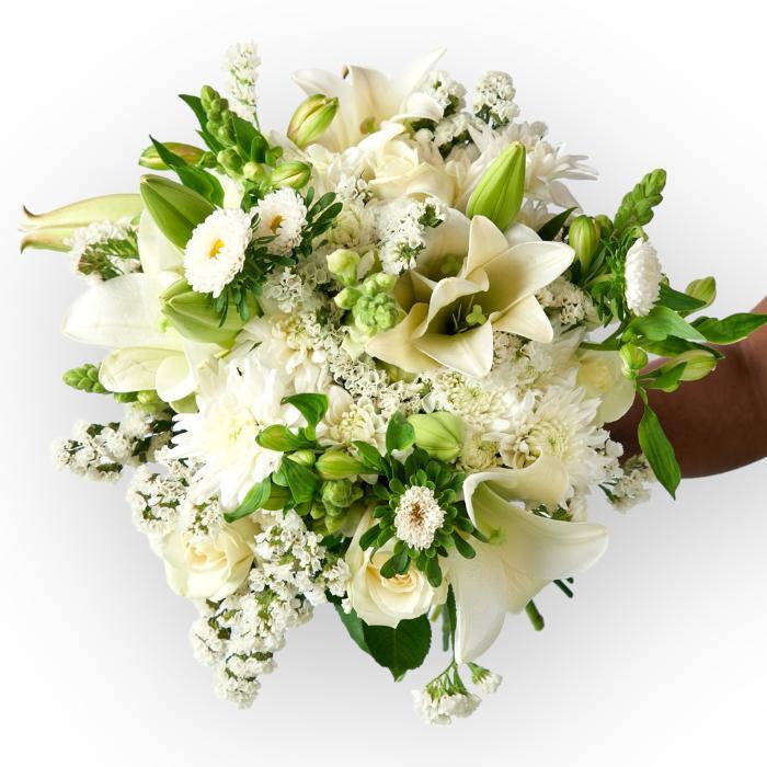 Hand-tied flower bouquet of mixed lilies, snapdragons and other white flowers - Flower Guy