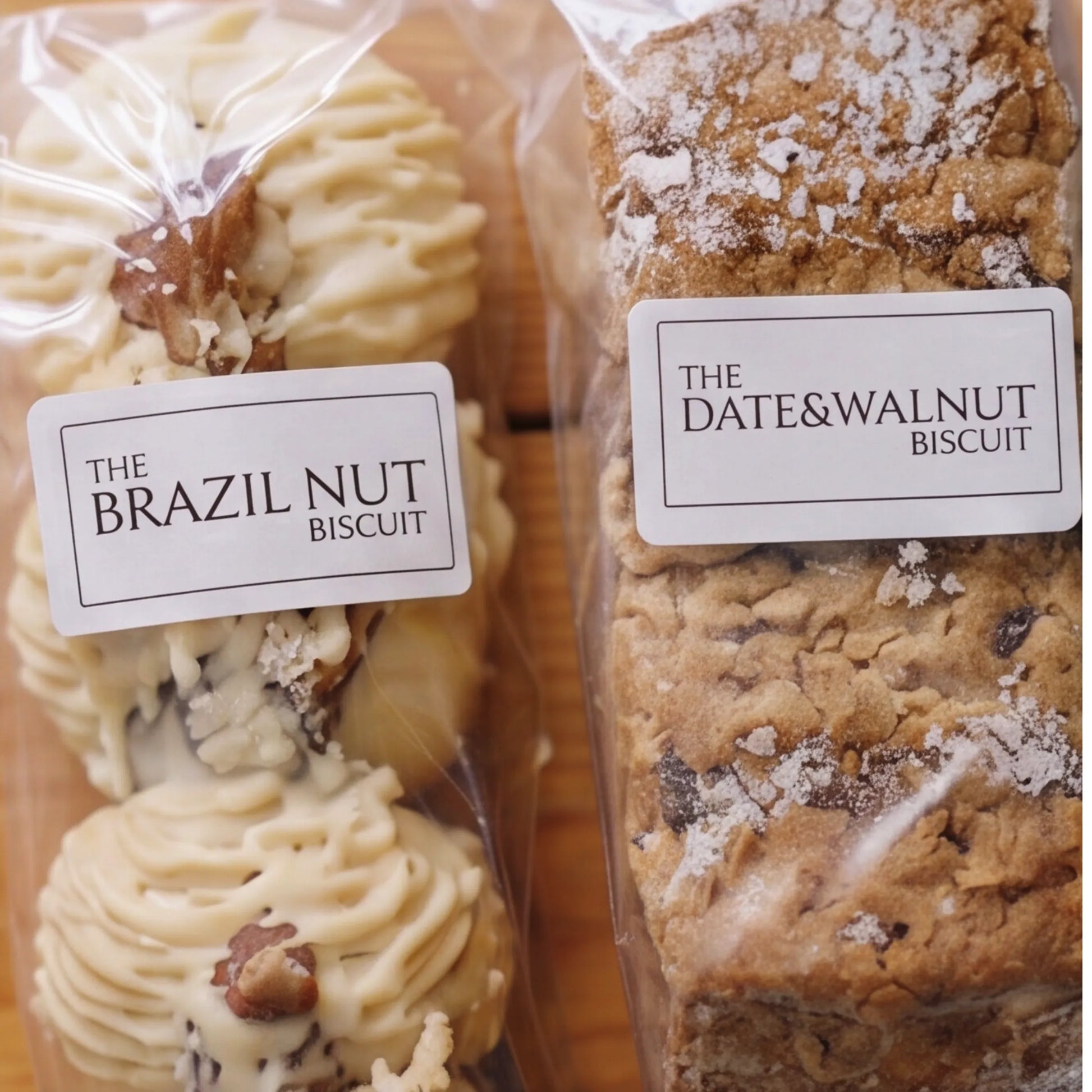 Macro of Brazil Nut Biscuit and Date & Walnut Biscuit branded sleeves from Luxury Biscuits Small set