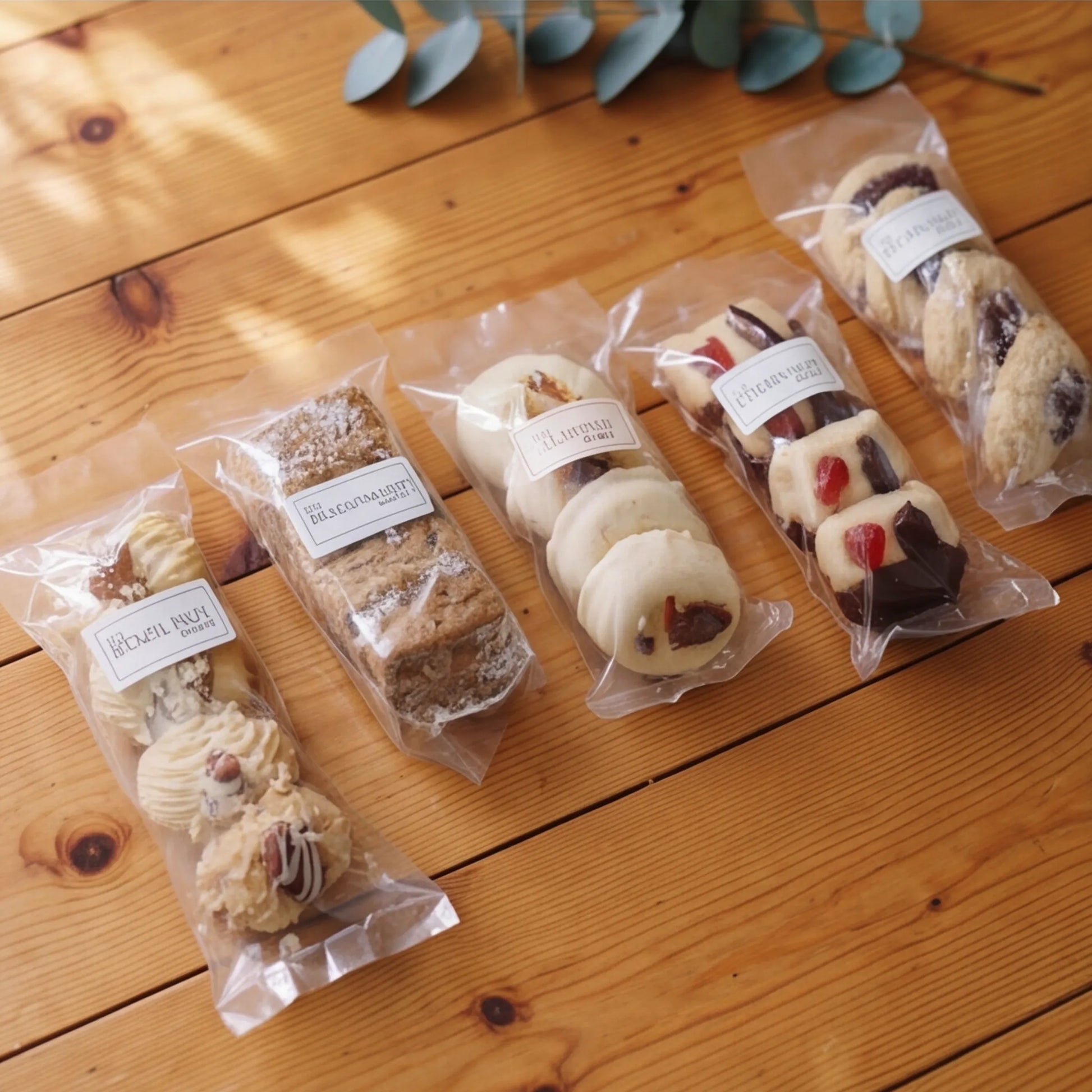 Five branded biscuit sleeves from Luxury Biscuits Small set on pine wood by Flower Guy