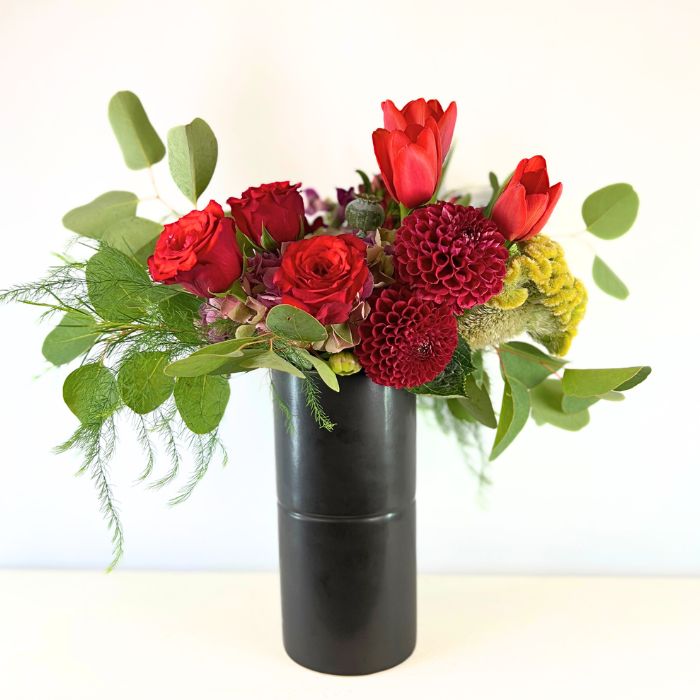 Elegant red rose arrangement in black vase - Metropolitan Bloom | Flower Guy