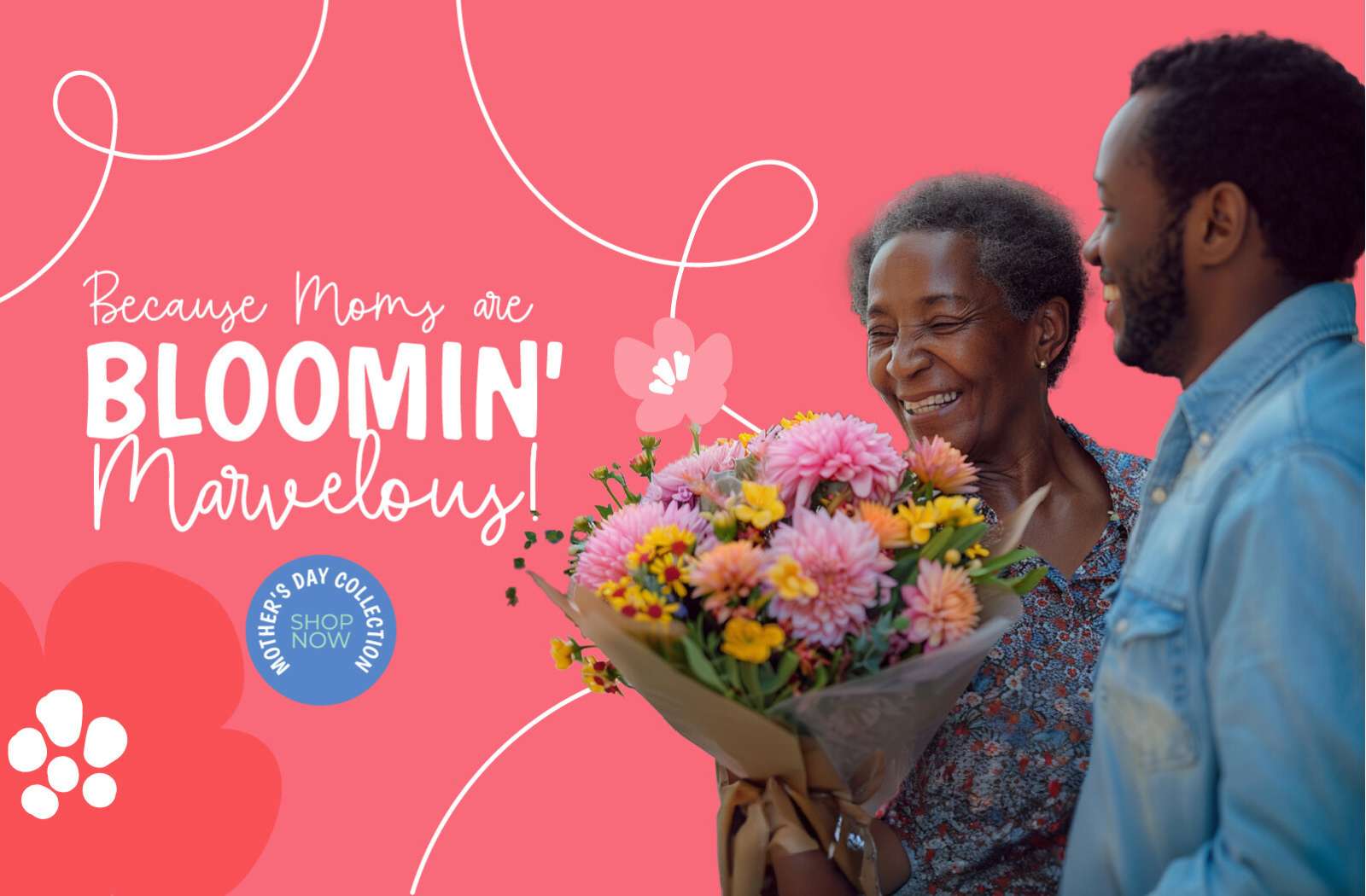 A heartwarming scene of an elderly woman with a radiant smile, receiving a vibrant bouquet of fresh pink and yellow chrysanthemums from a younger man, celebrating the Mother's Day Collection at Fabulous Flowers and Gifts.