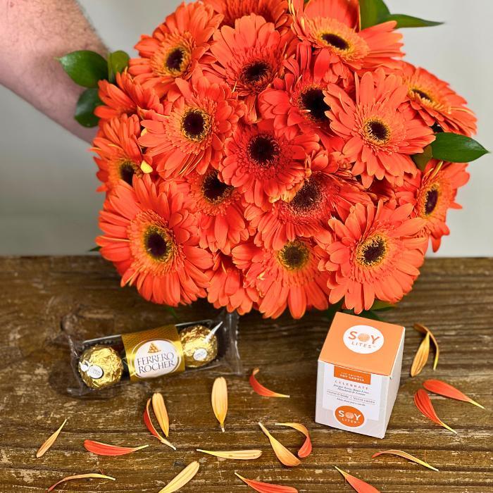 Flower Guy's Orangina Blossom Bouquet with Ferrero Rocher and Candle and orange petals - Flower Guy