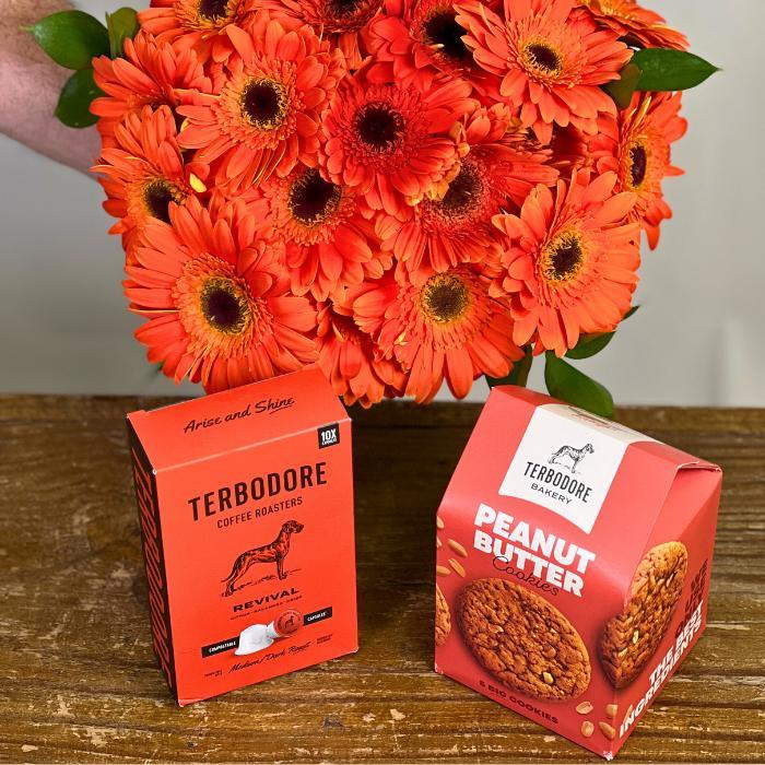 Orange Gerbera Daisy Bouquet with Terbodore Coffee Capsules and Peanut Butter Cookies - Flower Guy