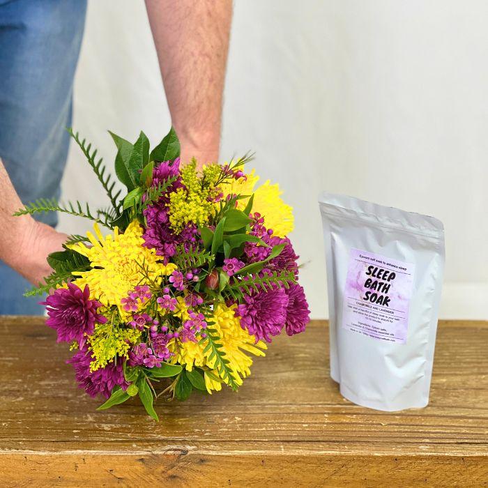 A Birthday Flower Bouquet in the Peninsula Paradise Bouquet with Chamomile and Lavender Bath Soak - Flower Guy