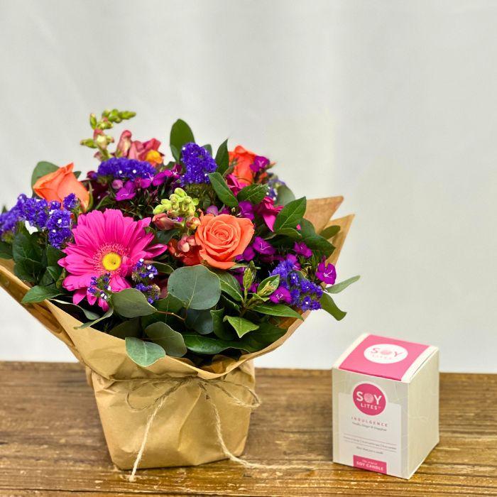Colourful flowers in Petal Palette Posy with SOY Lites Mini Candle - Flower Guy