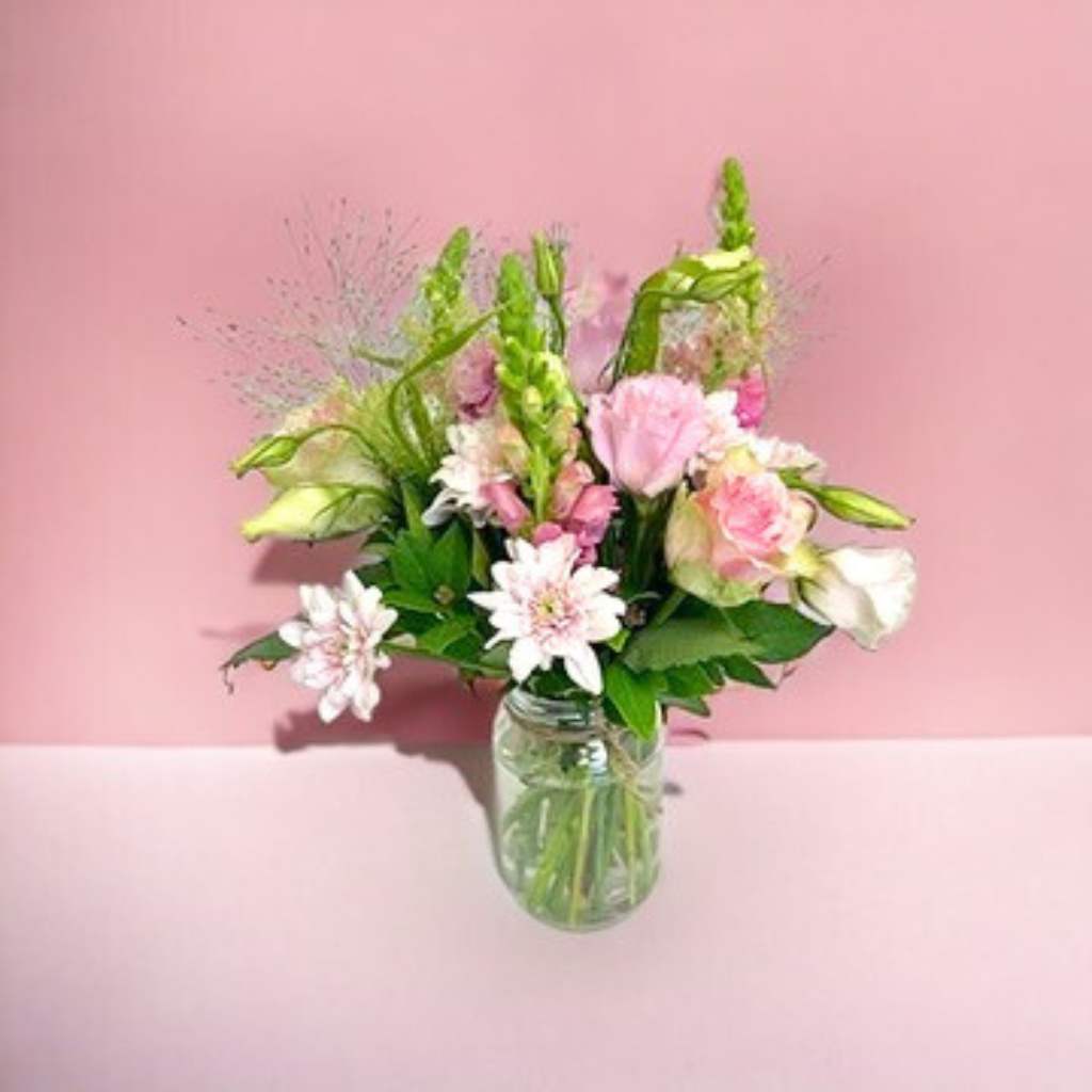 Light pink lisianthus and roses in glass jar vase - Petals & Pastries Deluxe Duo by Flower Guy.