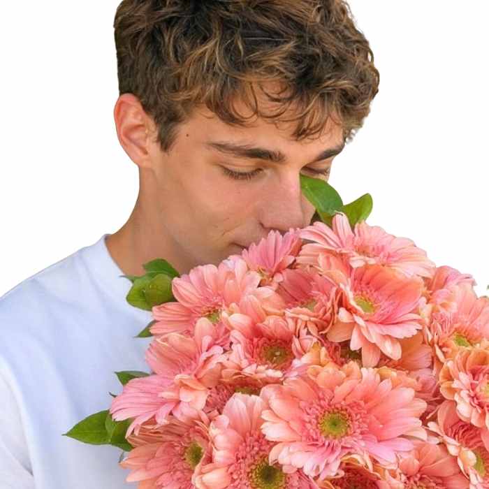 Pink-a-licious Daisy Dazzle Bouquet—close-up of pink gerbera daisies bouquet, model smelling blooms | Flower Guy