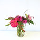 Romantic Pink Petal Pleasure Valentine's jar vase arrangement with dahlias, gerbera daisies, lisianthus and greenery | Flower Guy