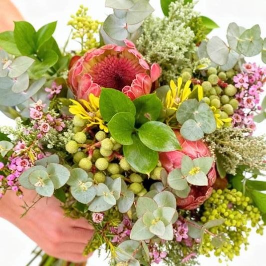 Protea Blooming Bouquet close-up—proteas, fynbos and seasonal greens in a hand-tied arrangement | Flower Guy