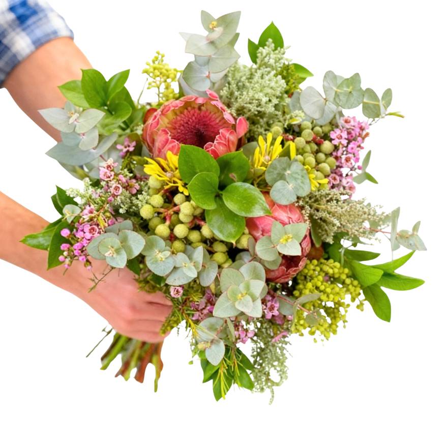 Protea Blooming Bouquet—hand holding mixed proteas with Cape fynbos greenery, wild textured bouquet | Flower Guy