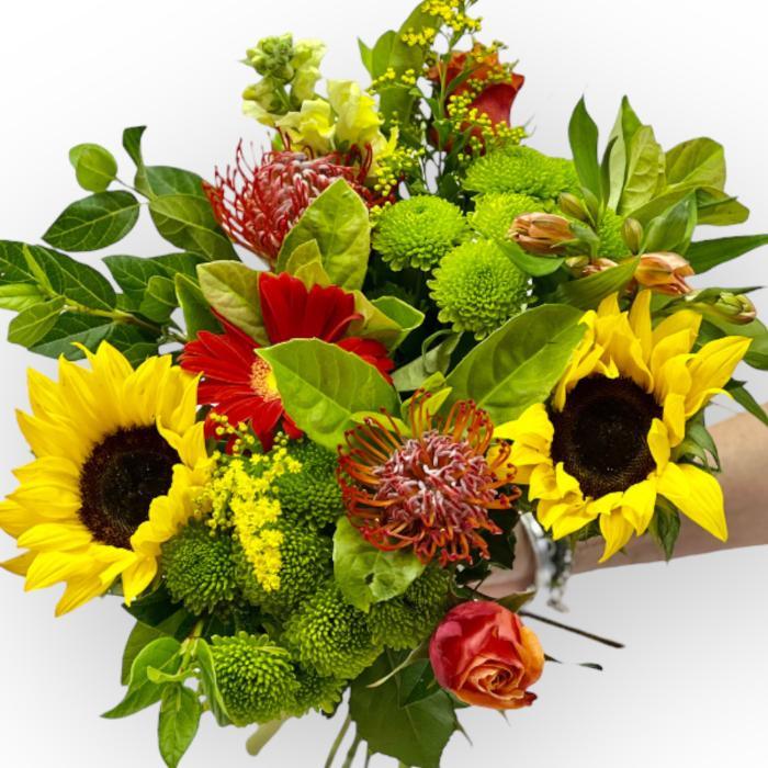 Ray of Sunshine Bouquet: Vibrant Orange Roses, Golden Sunflowers, and More - Flower Guy