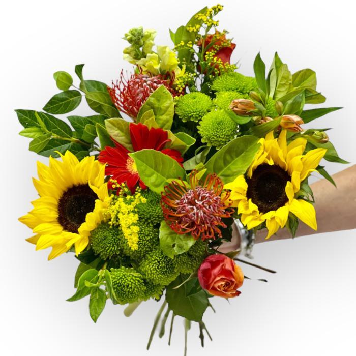 Flower Delivery Cape Town: Same-Day Service from Flower Guy with yellow sunflowers and orange pincushions