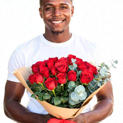 Scarlet Affection red rose bouquet styled view, delivered by Flower Guy